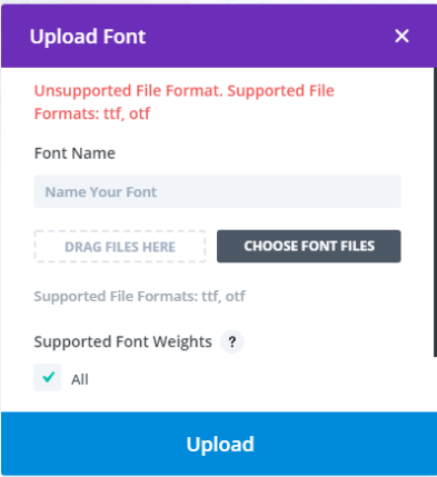 I can’t upload font files in Divi